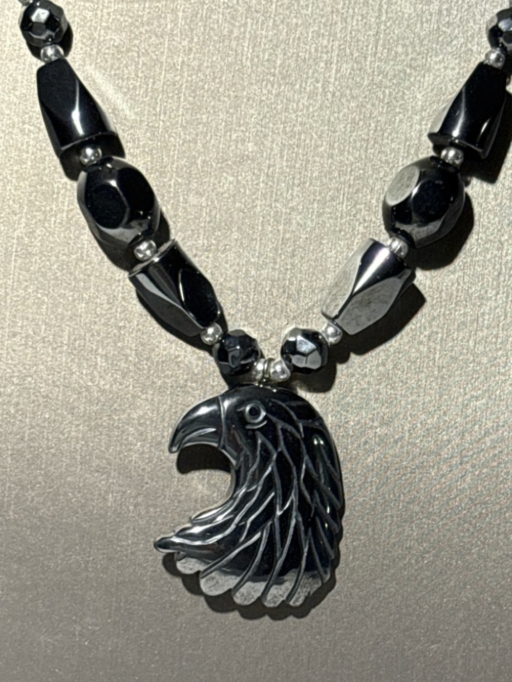 Hematite Eagle Head Necklace Black Stone Beaded Statement 18” Bold Gothic